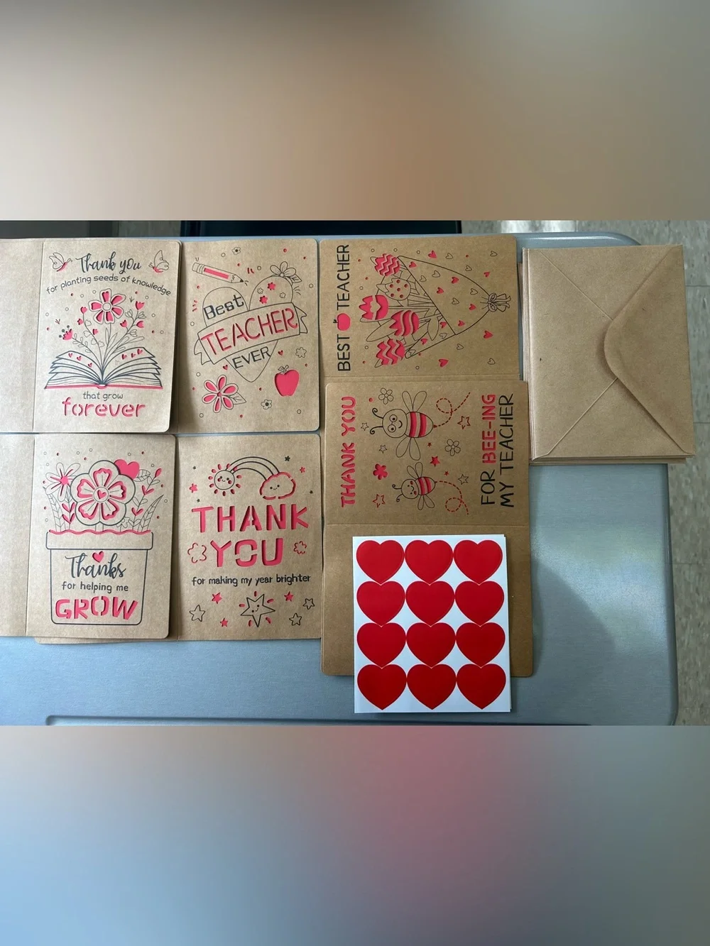 Thank You Teacher Card Set with Red Accents with heart stickers/envelopes